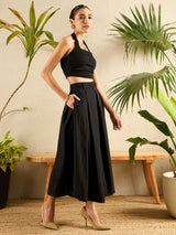 Women's Black Casual Cotton Poplin Box Pleated Midi Fit & Flared Casual Skirt