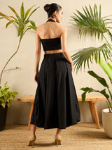 Women's Black Casual Cotton Poplin Box Pleated Midi Fit & Flared Casual Skirt