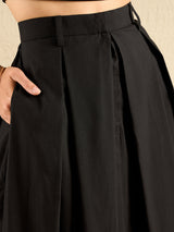 Women's Black Casual Cotton Poplin Box Pleated Midi Fit & Flared Casual Skirt