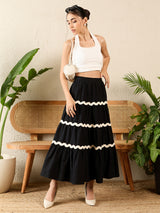 Women's Black Ric-Rac Cotton Tiered Midi Skirt
