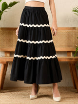 Women's Black Ric-Rac Cotton Tiered Midi Skirt