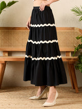 Women's Black Ric-Rac Cotton Tiered Midi Skirt
