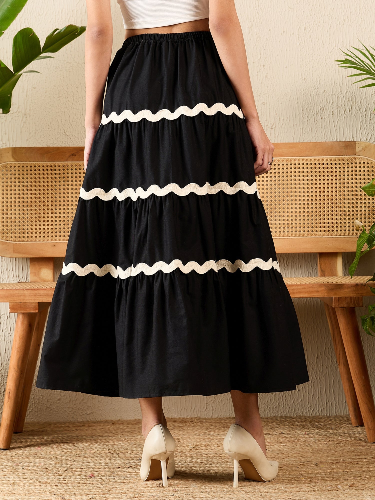 Women's Black Ric-Rac Cotton Tiered Midi Skirt