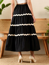 Women's Black Ric-Rac Cotton Tiered Midi Skirt