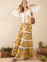 Women's Yellow Ric-Rac Cotton Tiered Midi Skirt