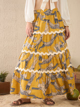 Women's Yellow Ric-Rac Cotton Tiered Midi Skirt