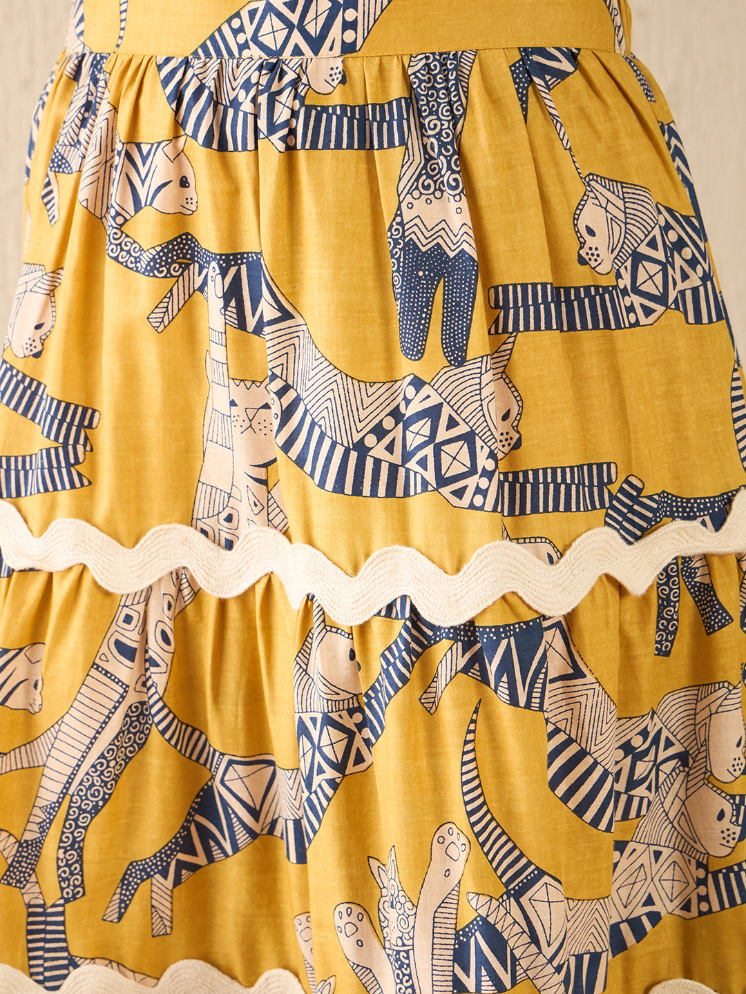 Women's Yellow Ric-Rac Cotton Tiered Midi Skirt