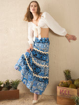 Women's Blue Ric-Rac Cotton Tiered Midi Skirt