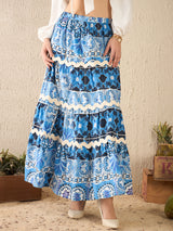 Women's Blue Ric-Rac Cotton Tiered Midi Skirt