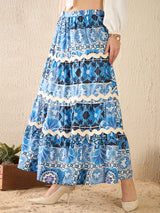 Women's Blue Ric-Rac Cotton Tiered Midi Skirt