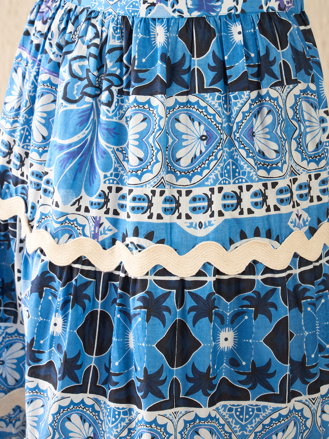 Women's Blue Ric-Rac Cotton Tiered Midi Skirt
