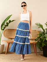 Women's Blue Ric-Rac Cotton Tiered Midi Skirt