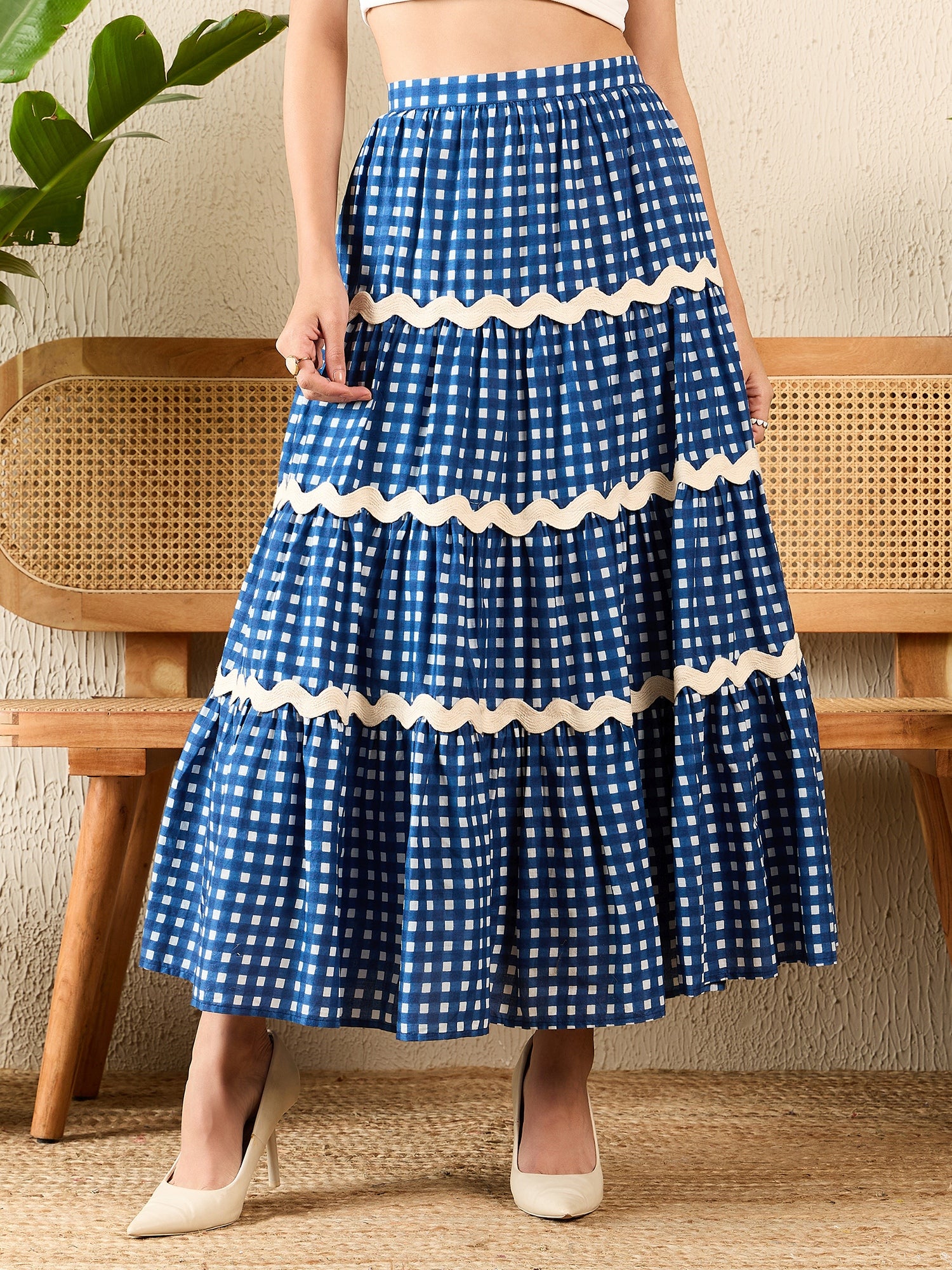 Women's Blue Ric-Rac Cotton Tiered Midi Skirt