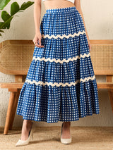 Women's Blue Ric-Rac Cotton Tiered Midi Skirt