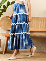 Women's Blue Ric-Rac Cotton Tiered Midi Skirt