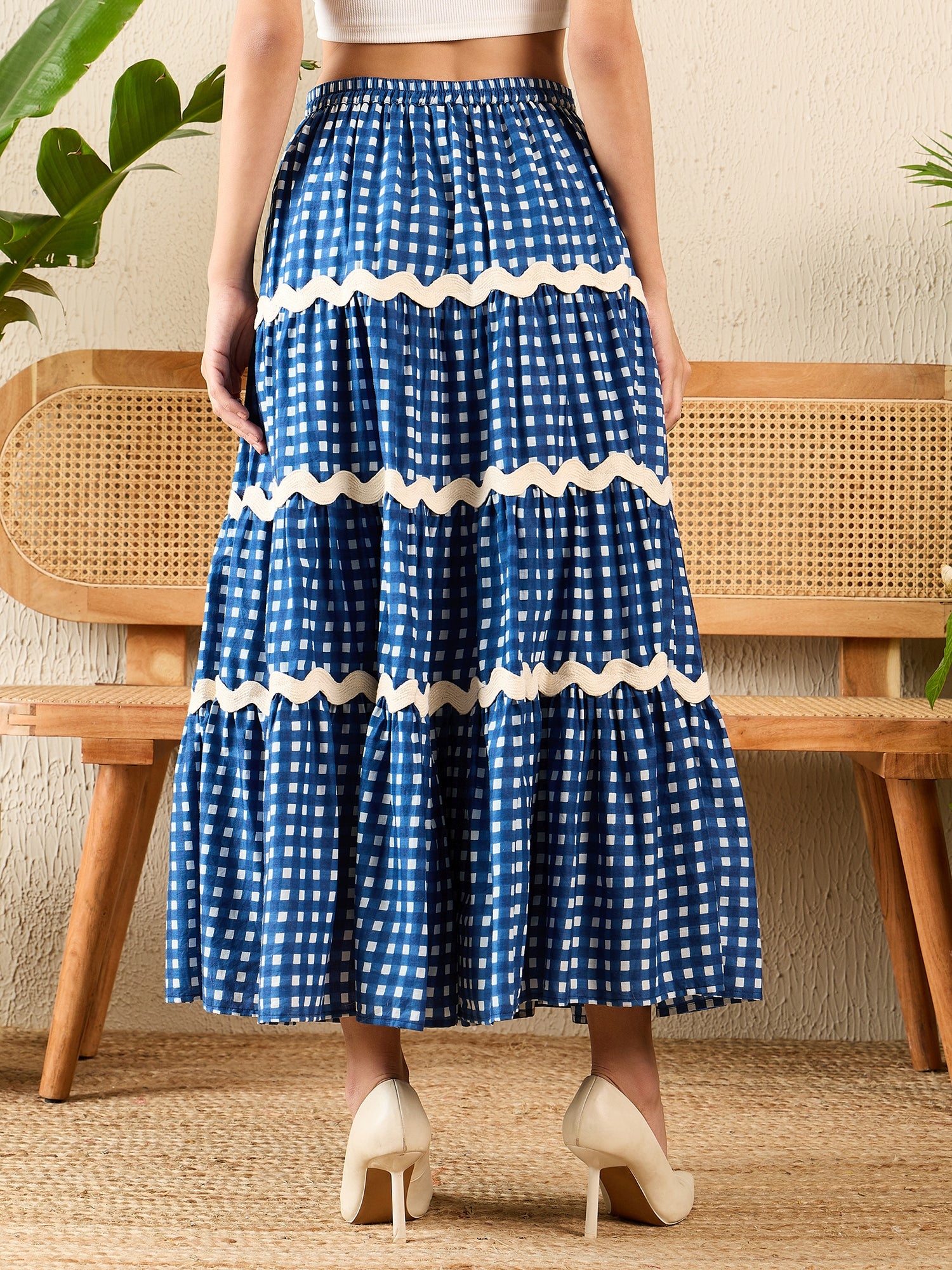 Women's Blue Ric-Rac Cotton Tiered Midi Skirt
