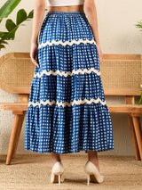 Women's Blue Ric-Rac Cotton Tiered Midi Skirt