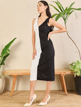 Women's Black Stretchable Ribbed Dual Tone Bodycon Dress