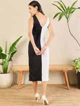 Women's Black Stretchable Ribbed Dual Tone Bodycon Dress
