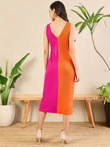 Women's Orange Stretchable Ribbed Dual Tone Bodycon Dress