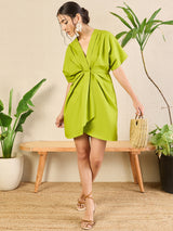 Women's Green Casual Cotton Poplin Kimono Sleeve Dress