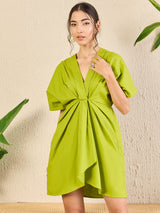 Women's Green Casual Cotton Poplin Kimono Sleeve Dress