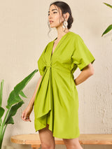 Women's Green Casual Cotton Poplin Kimono Sleeve Dress