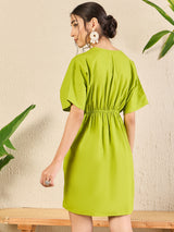 Women's Green Casual Cotton Poplin Kimono Sleeve Dress