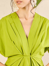 Women's Green Casual Cotton Poplin Kimono Sleeve Dress