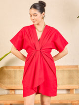 Women's Red Cotton Poplin Kimono Sleeve Dress