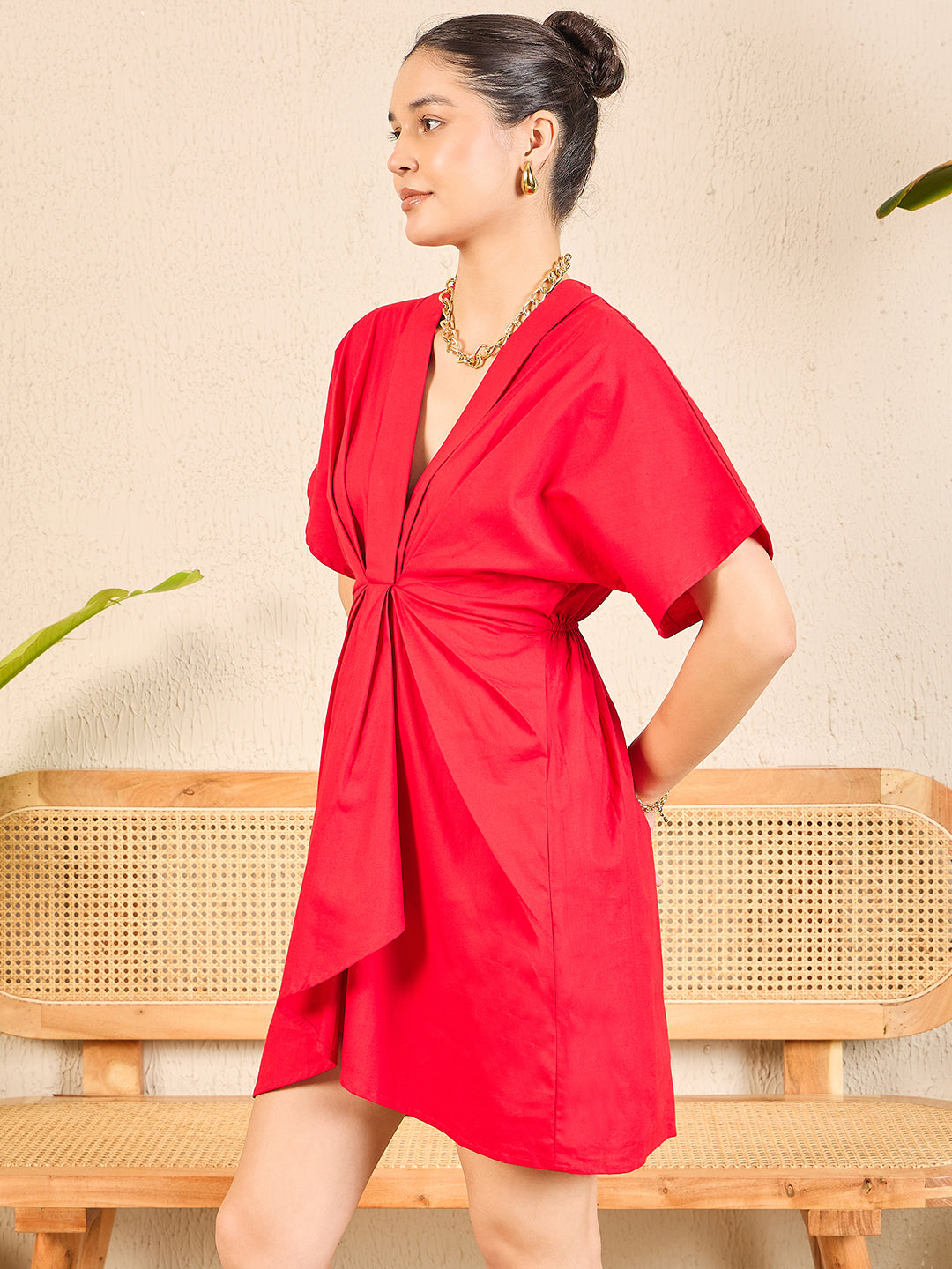 Women's Red Cotton Poplin Kimono Sleeve Dress