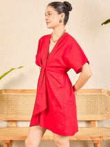 Women's Red Cotton Poplin Kimono Sleeve Dress