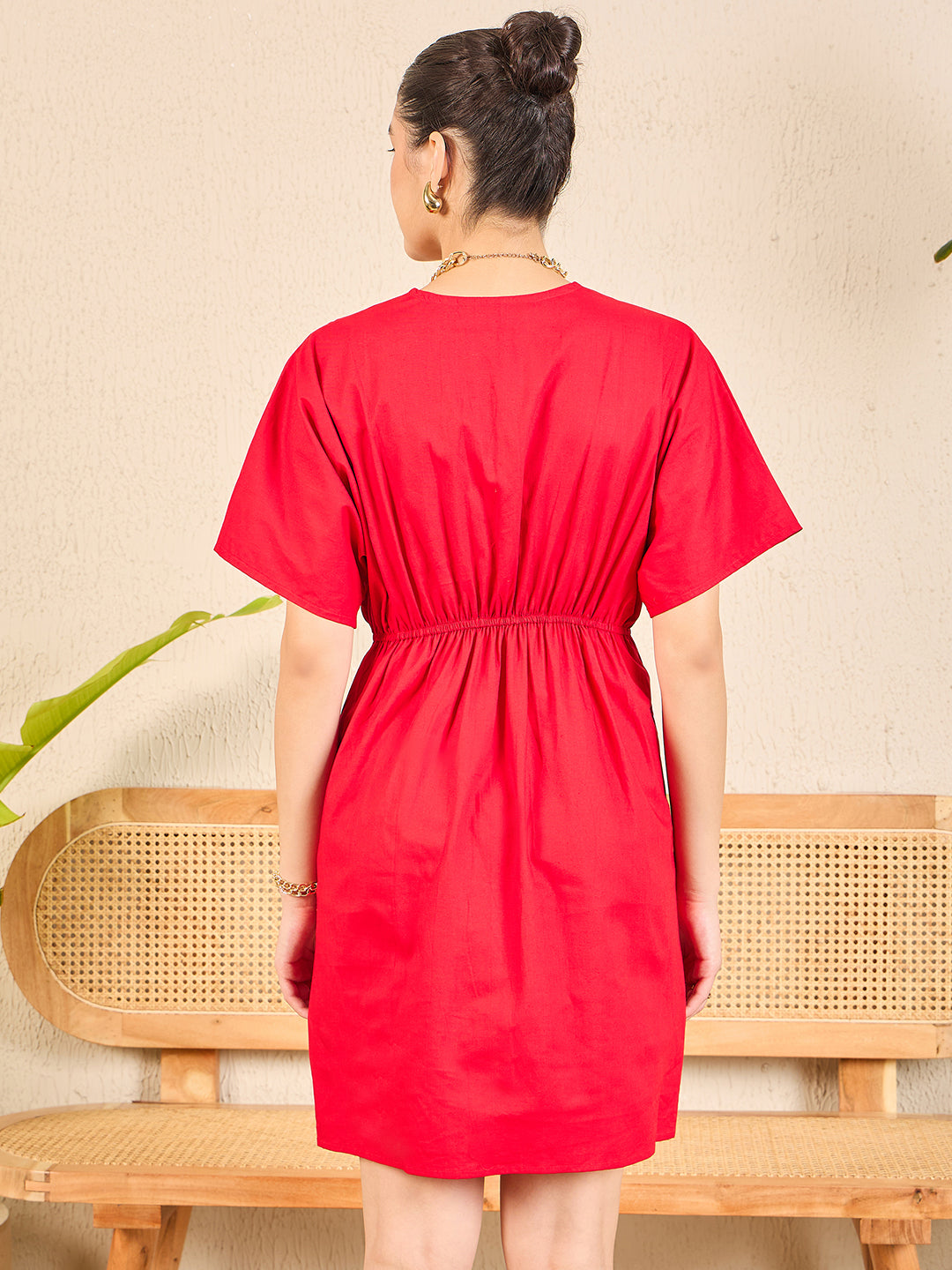 Women's Red Cotton Poplin Kimono Sleeve Dress