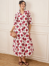 Women's White Casual Front Pleated Cotton Midi A-Line Dress