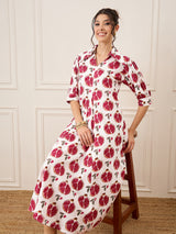 Women's White Casual Front Pleated Cotton Midi A-Line Dress