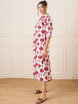 Women's White Casual Front Pleated Cotton Midi A-Line Dress