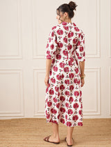 Women's White Casual Front Pleated Cotton Midi A-Line Dress