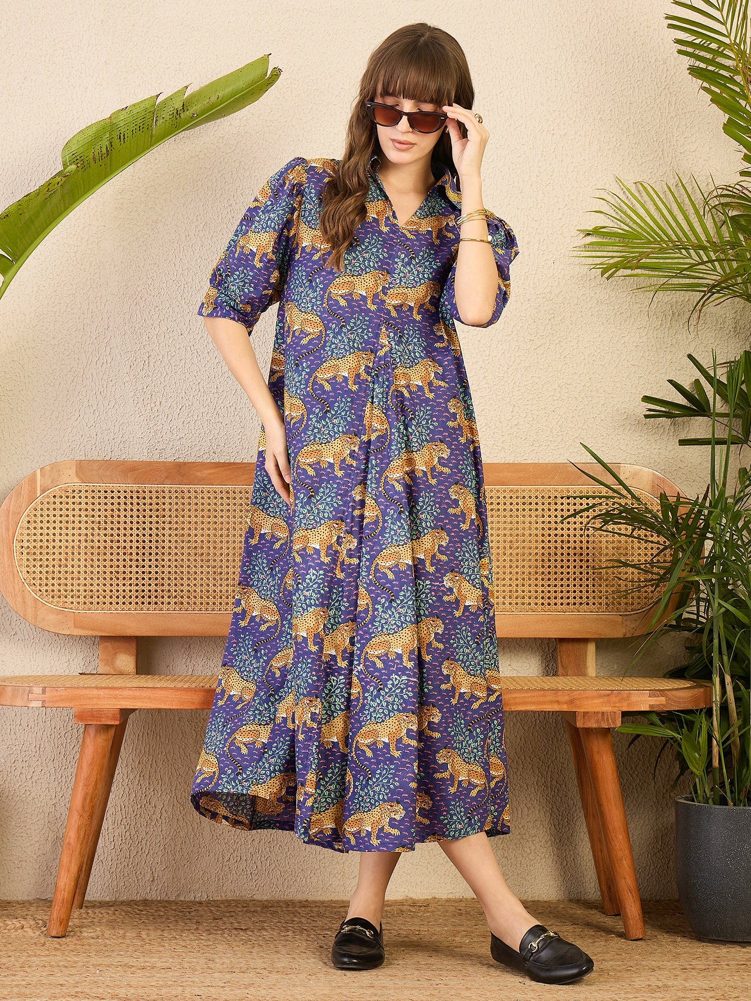 Women's Purple Front Pleated Floral Midi Dress