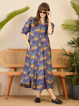Women's Purple Front Pleated Floral Midi Dress
