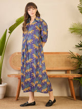 Women's Purple Front Pleated Floral Midi Dress