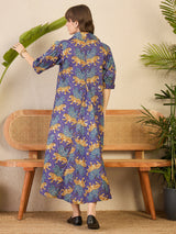 Women's Purple Front Pleated Floral Midi Dress