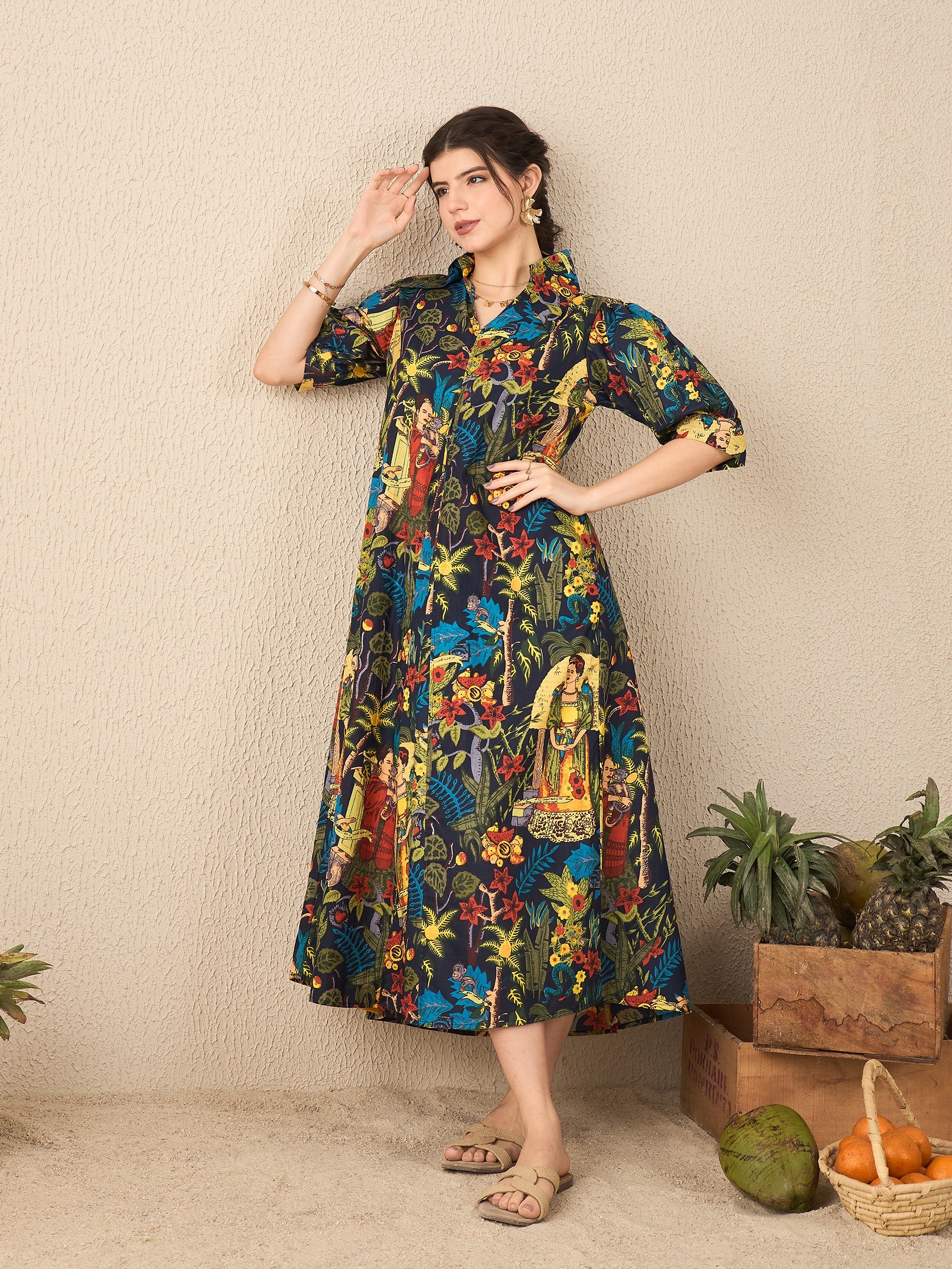 Women's Blue Front Pleated Floral Midi Dress