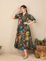 Women's Blue Front Pleated Floral Midi Dress