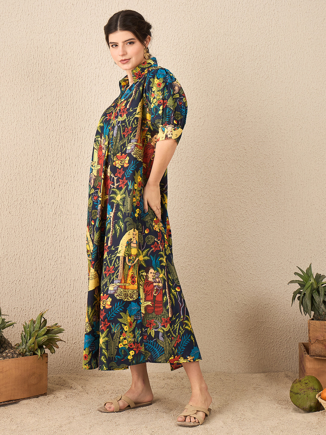 Women's Blue Front Pleated Floral Midi Dress