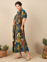 Women's Blue Front Pleated Floral Midi Dress