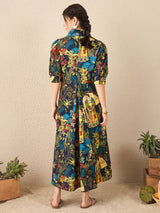 Women's Blue Front Pleated Floral Midi Dress