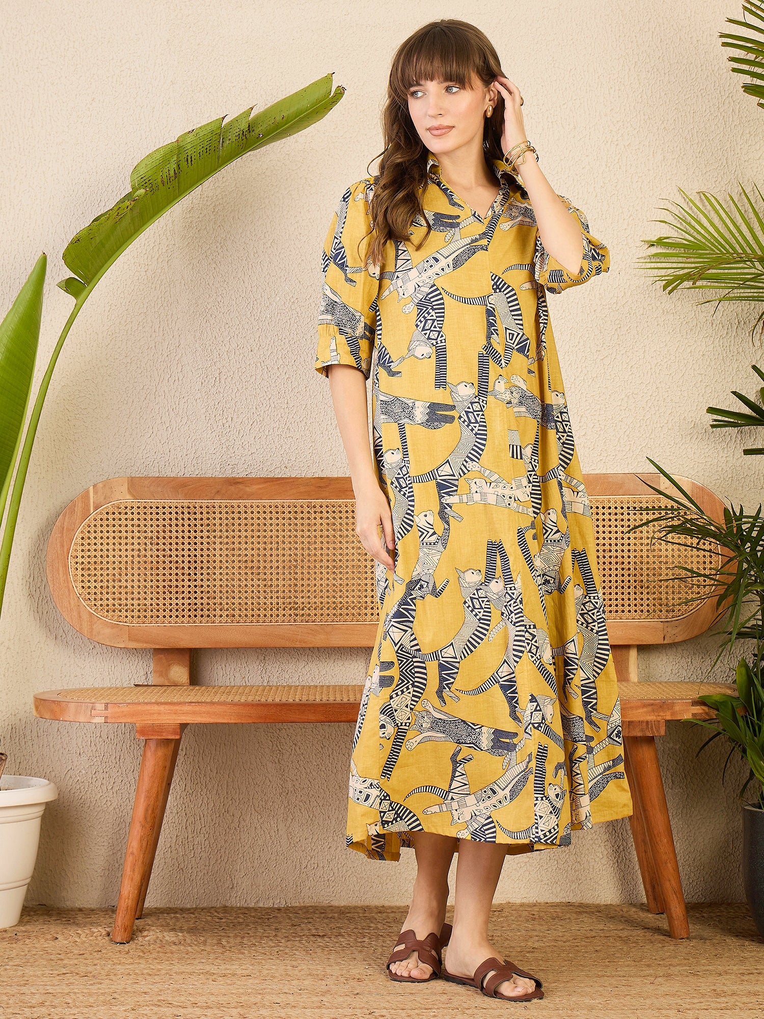 Women's Yellow Front Pleated Floral Midi Dress