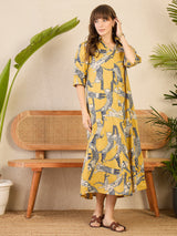 Women's Yellow Front Pleated Floral Midi Dress
