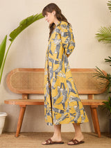 Women's Yellow Front Pleated Floral Midi Dress