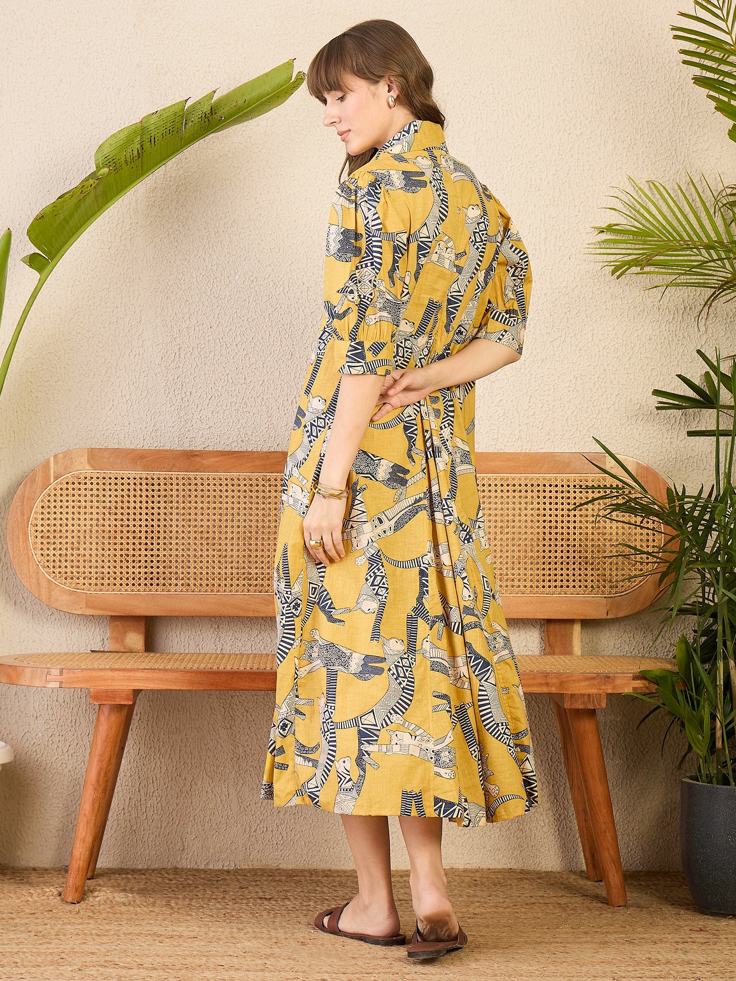 Women's Yellow Front Pleated Floral Midi Dress